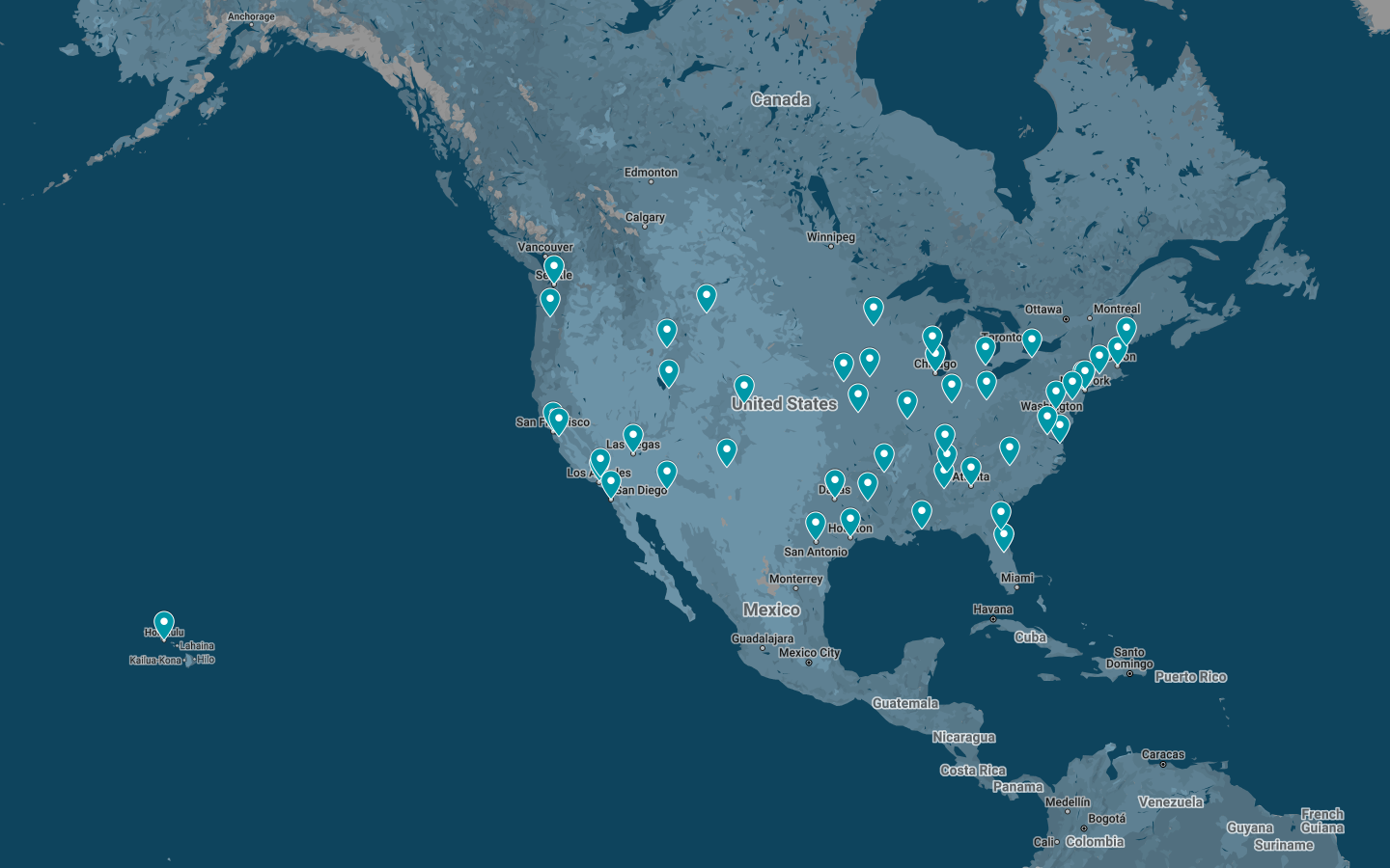 map of the USA showing points of network connectivity